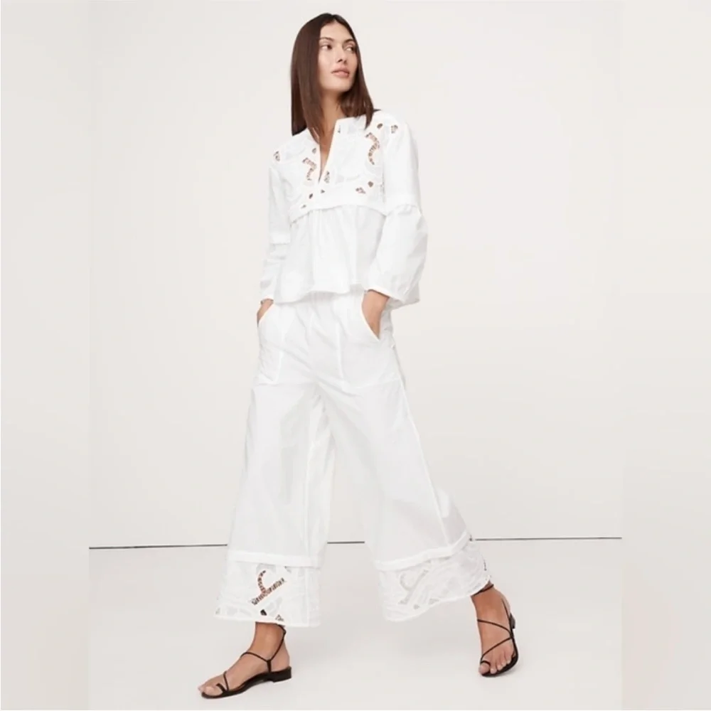 NWT! BR High-Rise Wide-Leg Embroidered Cotton Poplin Cropped Pull-On Pant